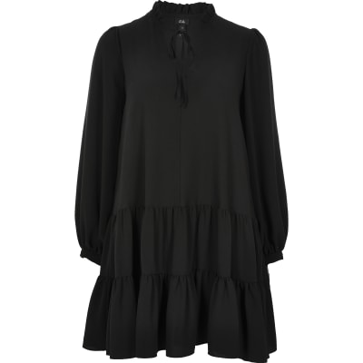 Black long sleeve tie neck mini smock dress