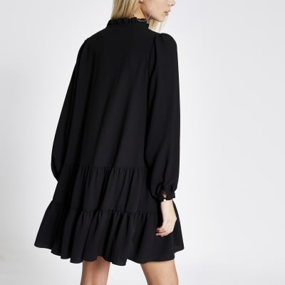 Black long sleeve tie neck mini smock dress