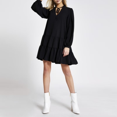 Black long sleeve tie neck mini smock dress