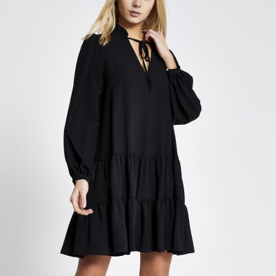 Black long sleeve tie neck mini smock dress