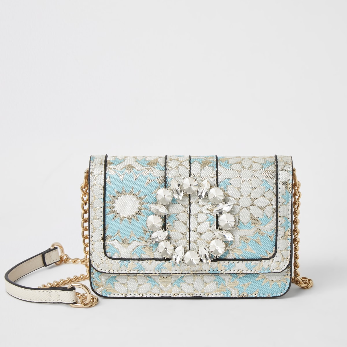 Blue jacquard jewel embellish underarm bag