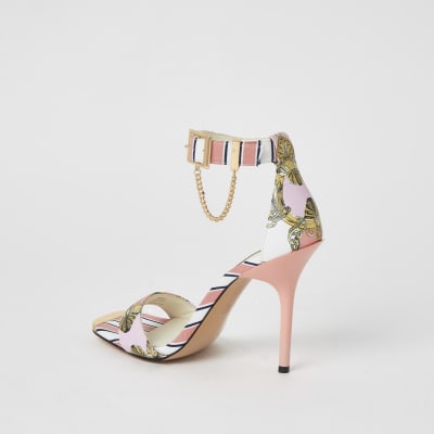 Pink chain printed barely there heeled sandal