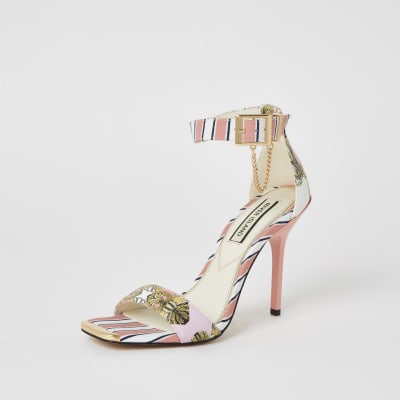 Pink chain printed barely there heeled sandal