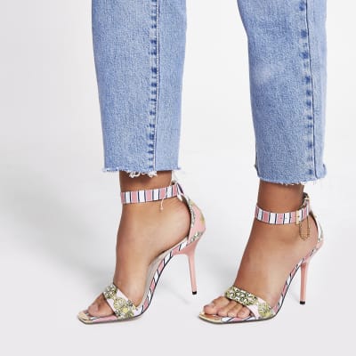 Pink chain printed barely there heeled sandal