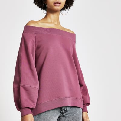 Sweat bardot rose à manches blousantes