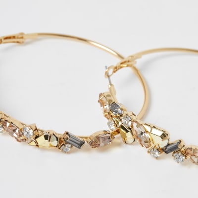 Gold colour jewel embellished hoop earrings