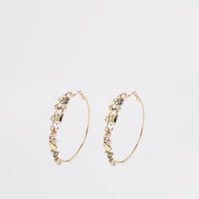Gold colour jewel embellished hoop earrings