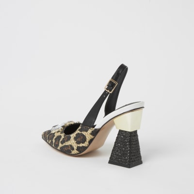 Brown embellished slingback heel sandals