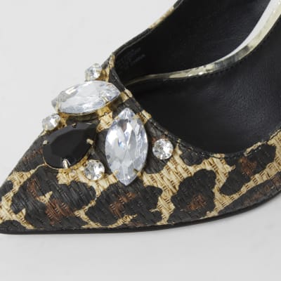 Brown embellished slingback heel sandals