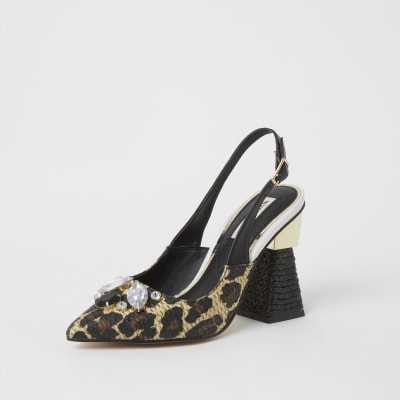 Brown embellished slingback heel sandals