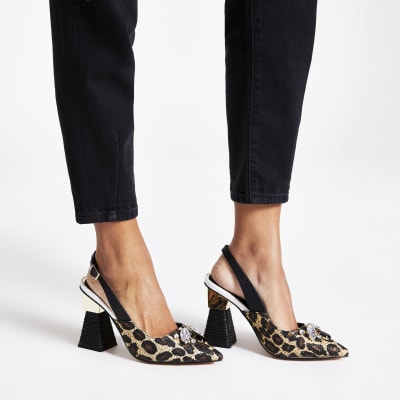 Brown embellished slingback heel sandals