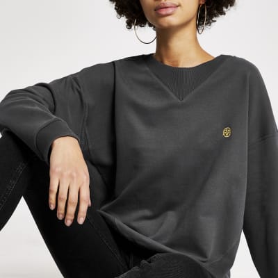 Graues, langärmeliges Boxy Fit Sweatshirt im Rippenstrick