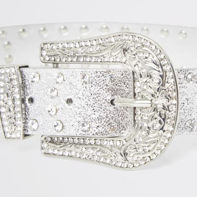 Ceinture argentée avec boucle style western à strass