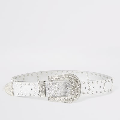 Silver diamante western buckle belt