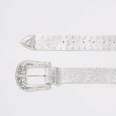 Ceinture argentée avec boucle style western à strass