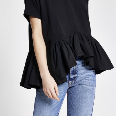 Black short sleeve poplin peplum T-shirt