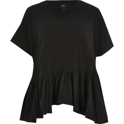 Black short sleeve poplin peplum T-shirt