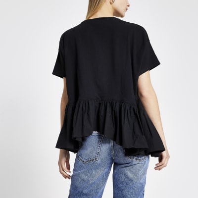 Black short sleeve poplin peplum T-shirt