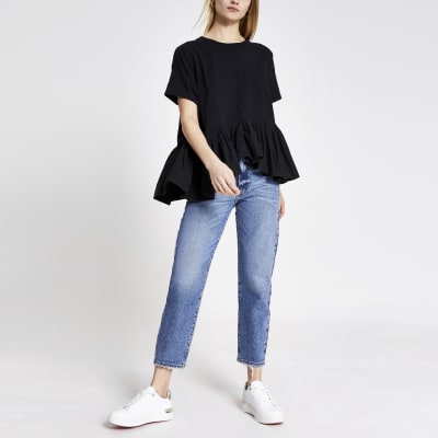 Black short sleeve poplin peplum T-shirt