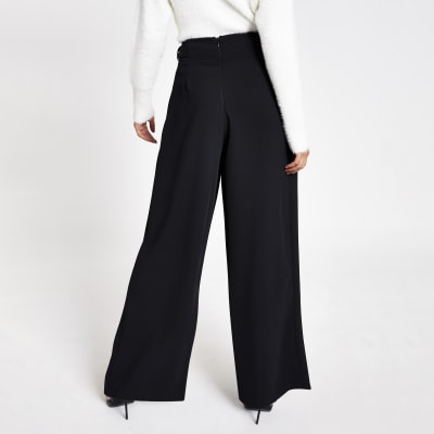 Black belted tab side wide leg trousers