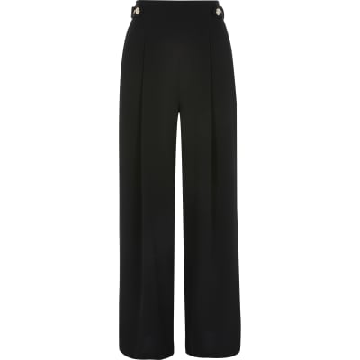 Black belted tab side wide leg trousers