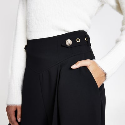 Black belted tab side wide leg trousers