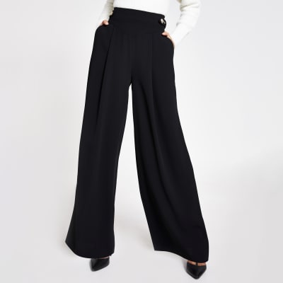 Black belted tab side wide leg trousers