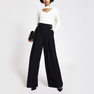 Black belted tab side wide leg trousers