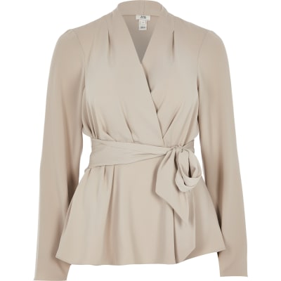 Grey long sleeve tie front blouse