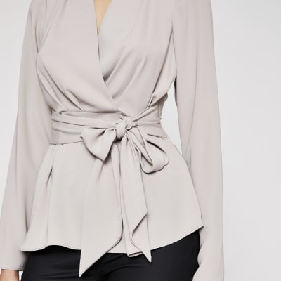 Grey long sleeve tie front blouse