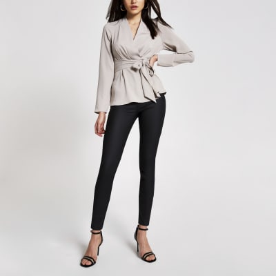 Grey long sleeve tie front blouse