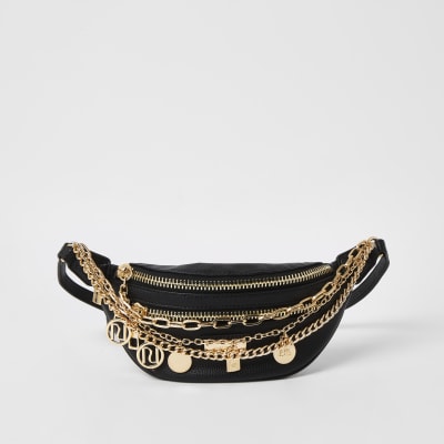 Black layered chain and charm bumbag