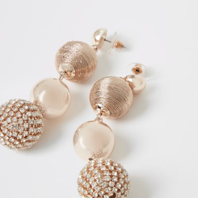 Rose gold diamante ball drop earrings