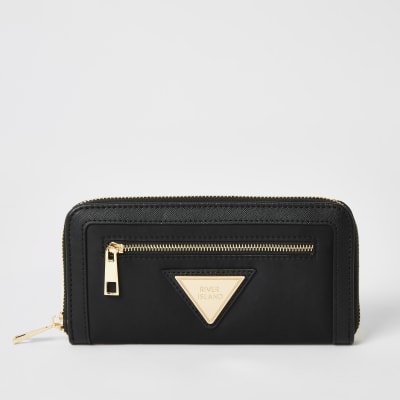 Zwarte nylon portemonnee met rits rondom en RI-logo