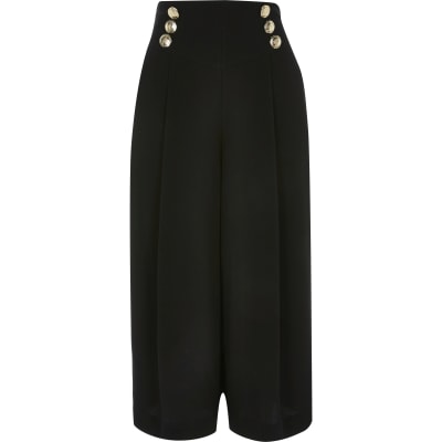 Black button front cropped wide leg trousers