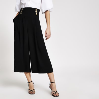 Black button front cropped wide leg trousers