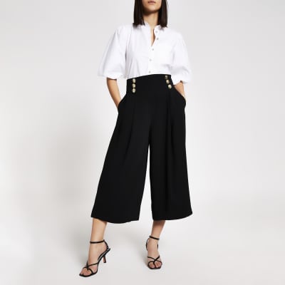 Black button front cropped wide leg trousers