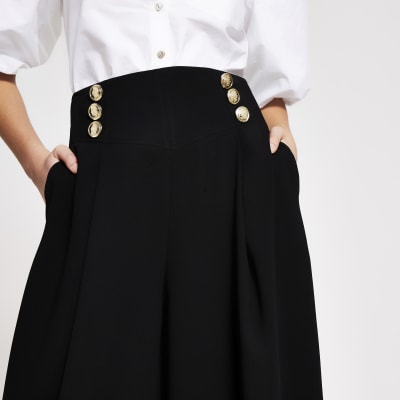 Black button front cropped wide leg trousers