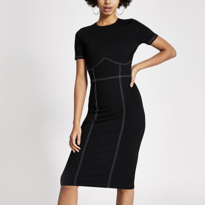 Black contrast stitch bodycon midi dress