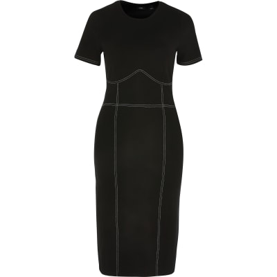 Black contrast stitch bodycon midi dress
