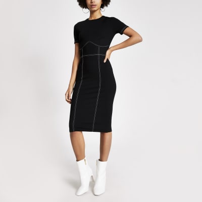 Black contrast stitch bodycon midi dress