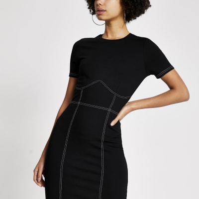 Black contrast stitch bodycon midi dress