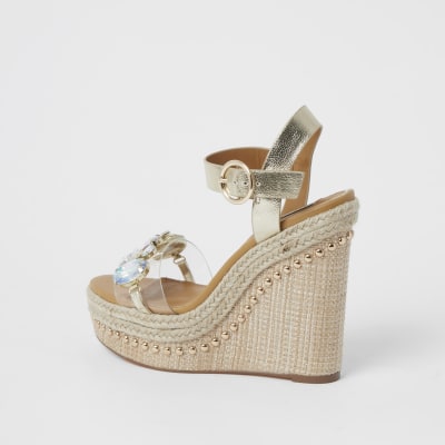 Beige embellished perspex wedge sandals