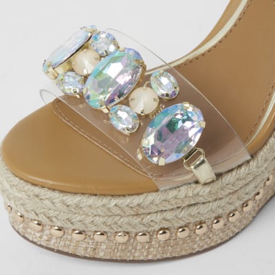 Beige embellished perspex wedge sandals