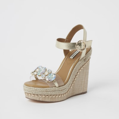 Beige embellished perspex wedge sandals