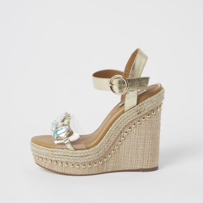 Beige embellished perspex wedge sandals