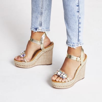 Beige embellished perspex wedge sandals