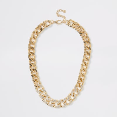 Gouden stevige ketting met siersteentjes