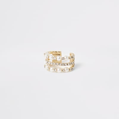 Gold pearl and diamante embellish ring