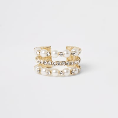 Gold pearl and diamante embellish ring